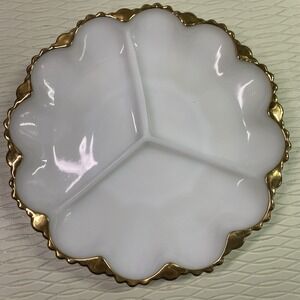 Anchor Hocking Fire King White Milk Glass Divided Relish Tray-Gold Trim 10" W